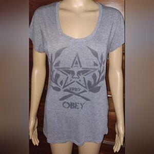 OBEY CLOTHING ladies MEDIUM grey heathered logo tee
